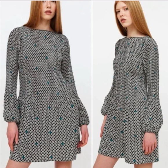 Maje Pleated Mini Dress Green Floral Geometric Long Sleeve Pullover Size Medium - Picture 1 of 10